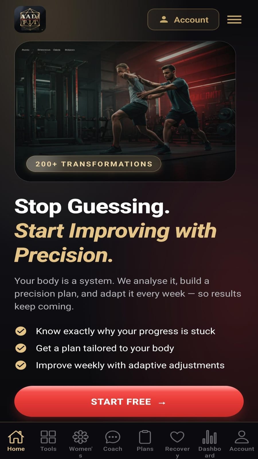 AadiFit mobile app home screen on phone