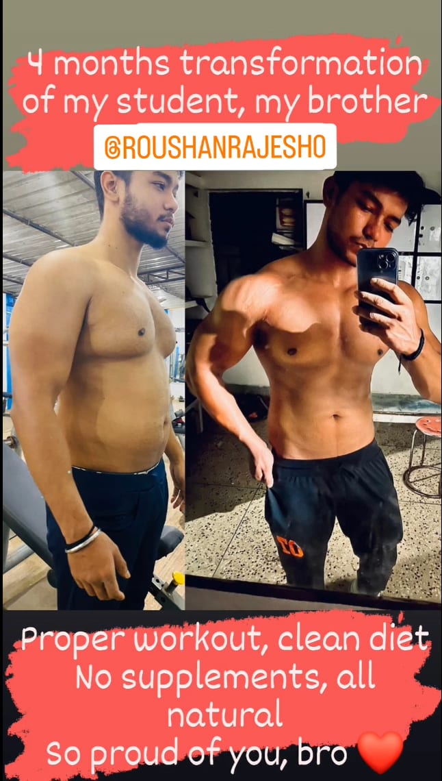 Instagram post shared by Coach Aditya of a 4-month natural transformation of his student and training partner
