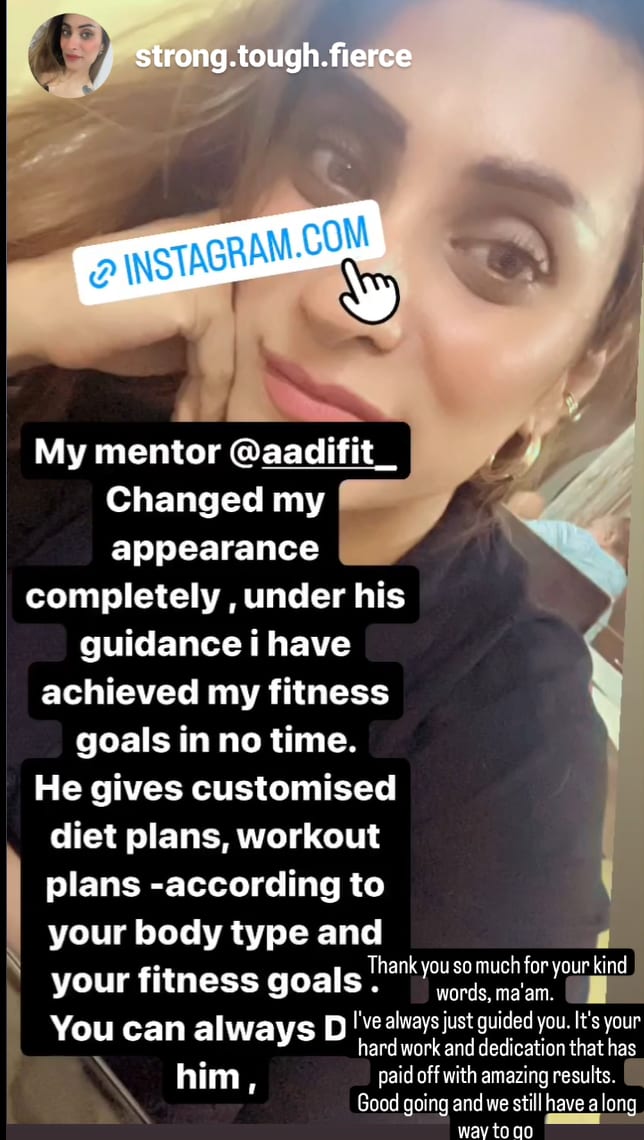 Instagram Story from client strong.tough.fierce crediting Coach Aditya as her mentor for her fitness results