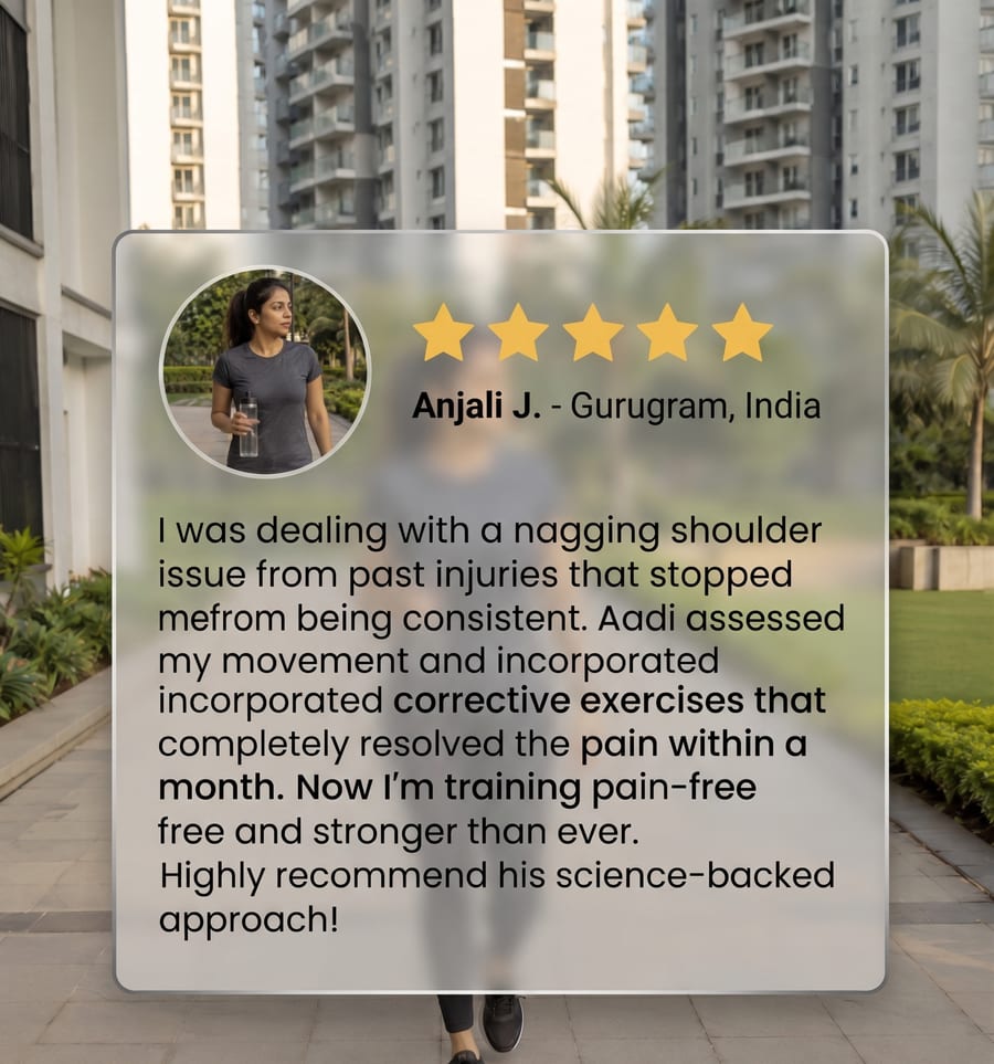 Five star review from Anjali J, Gurugram, on resolving a shoulder injury with corrective exercises