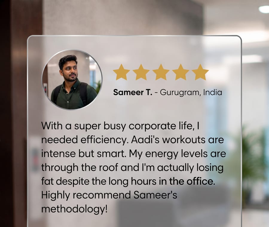 Five star review from Sameer T, Gurugram, on efficient workouts around a busy corporate schedule