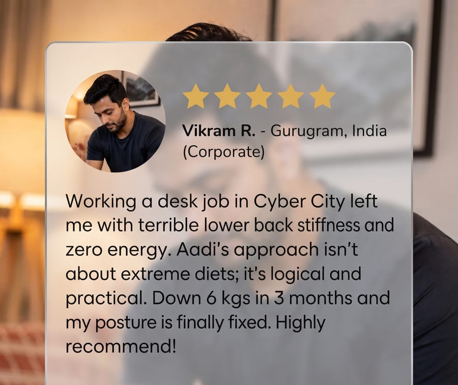 Five star review from Vikram R, corporate client in Gurugram, on fixing back stiffness and losing 6kg in 3 months