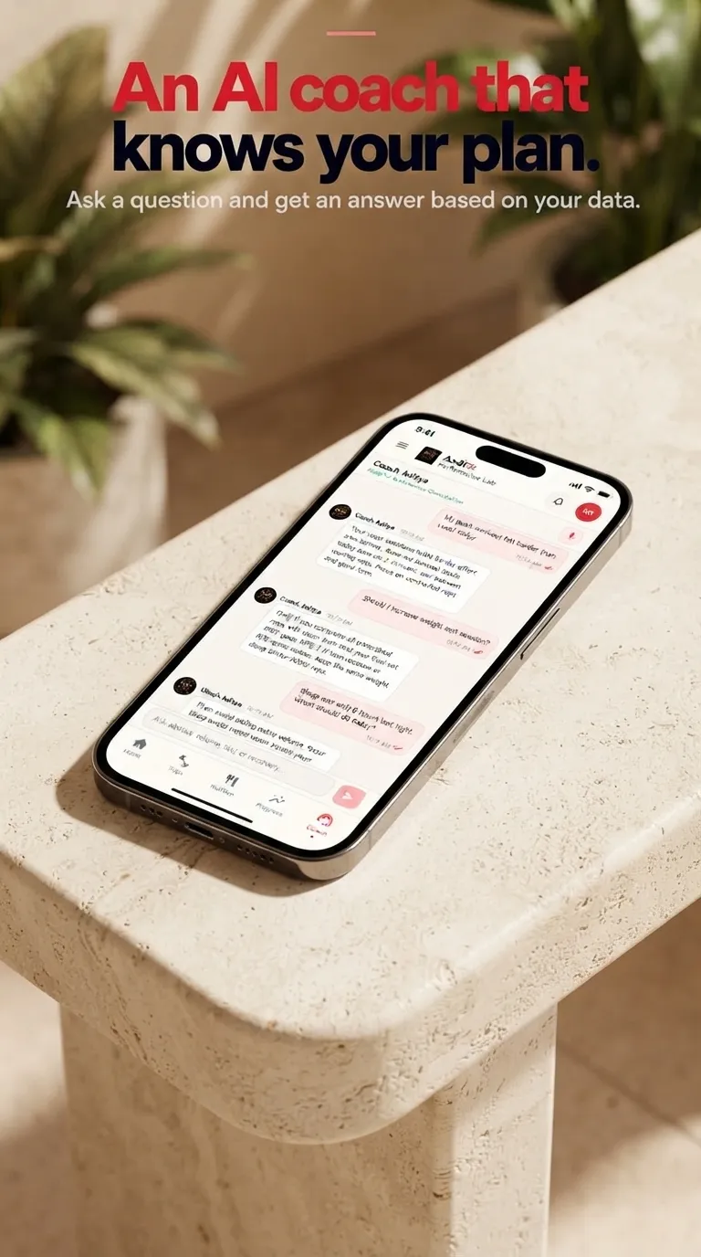 Angled phone on a stone surface showing an AI coach conversation about today's plan