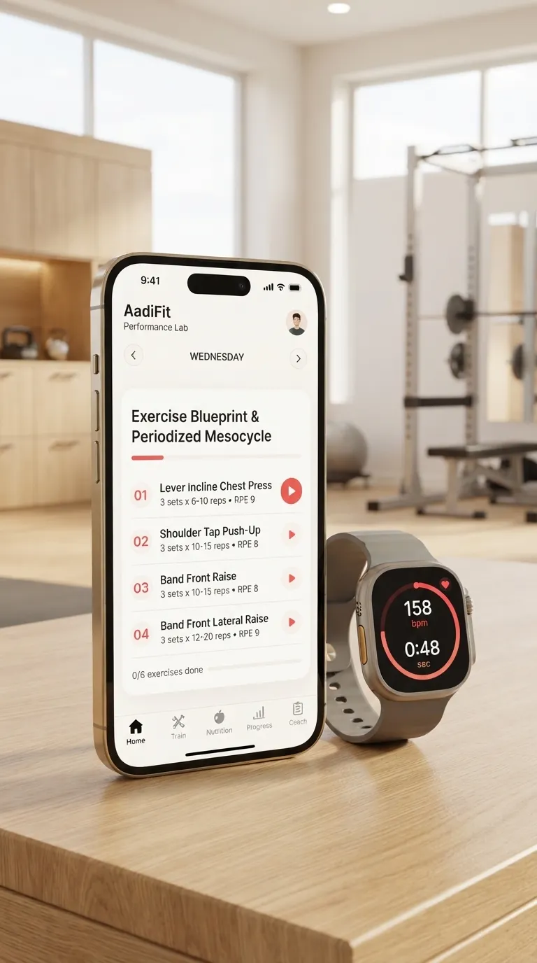 AadiFit mobile app beside a smartwatch showing an exercise blueprint