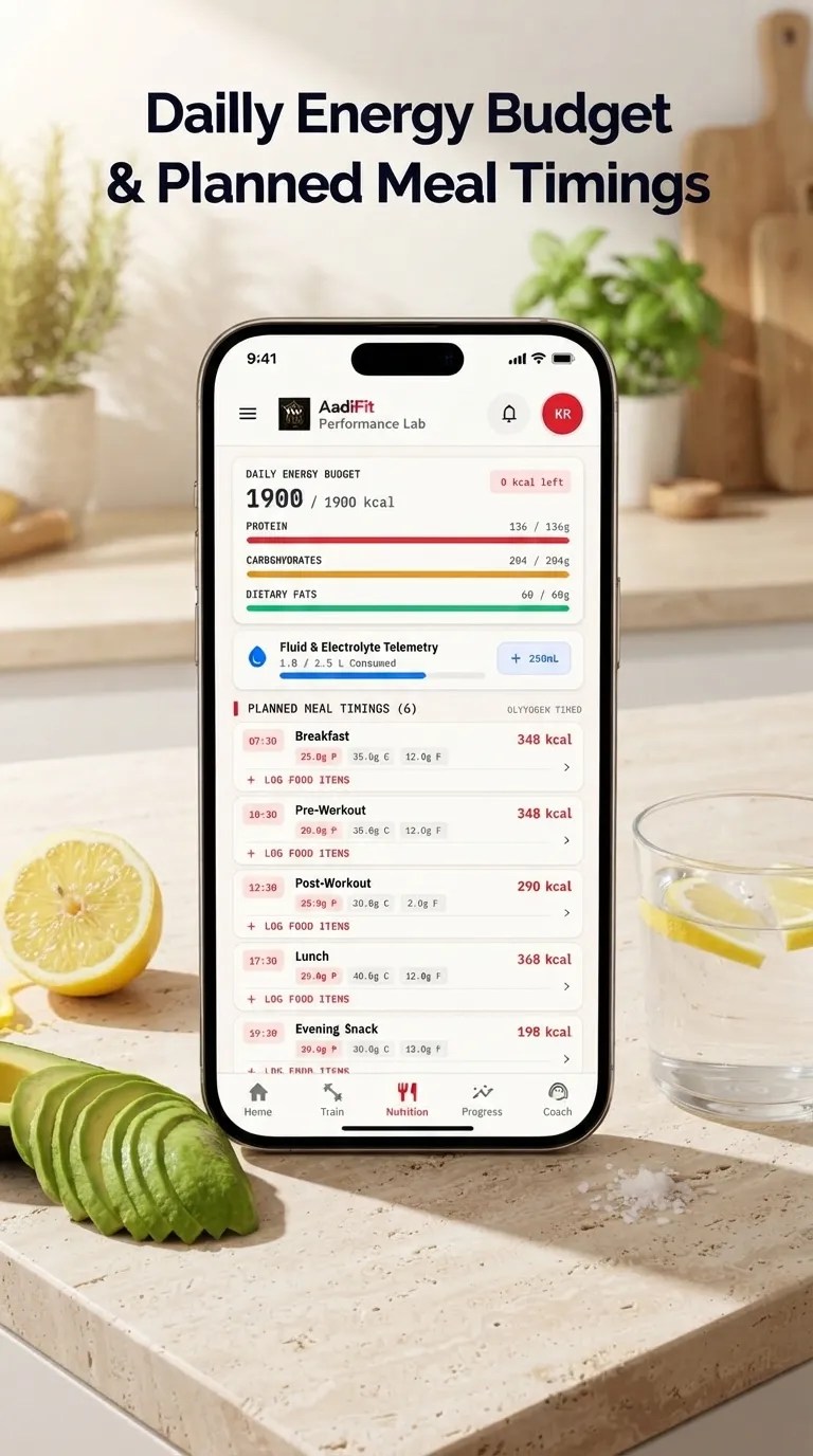 AadiFit mobile app on a kitchen counter showing a daily energy budget and meal timings
