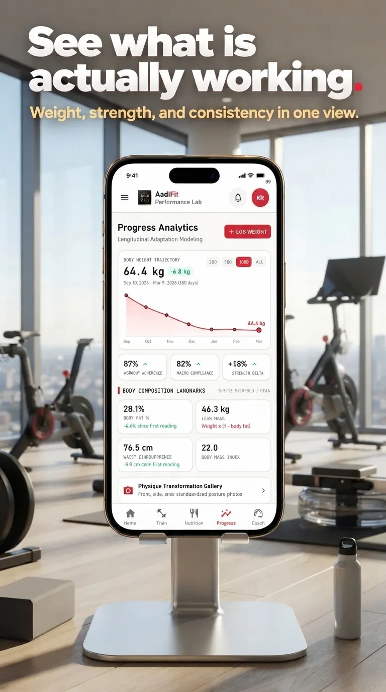 AadiFit mobile app progress analytics screen with a trend chart
