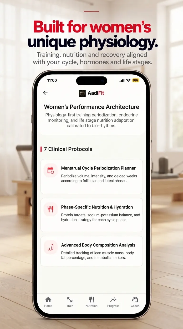AadiFit mobile app screen for women's performance with a cycle phase chart and protocols