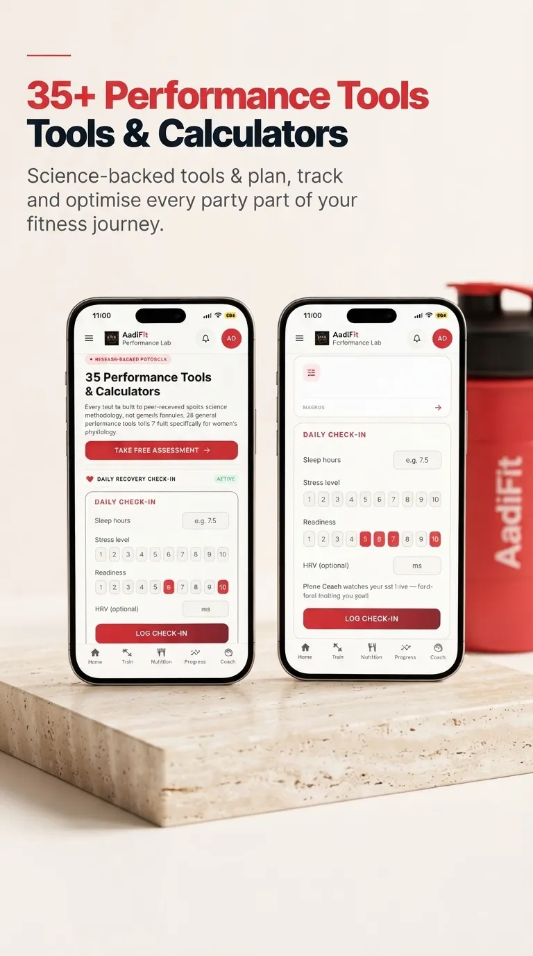 Two AadiFit phones on a plinth showing performance tools and calculators