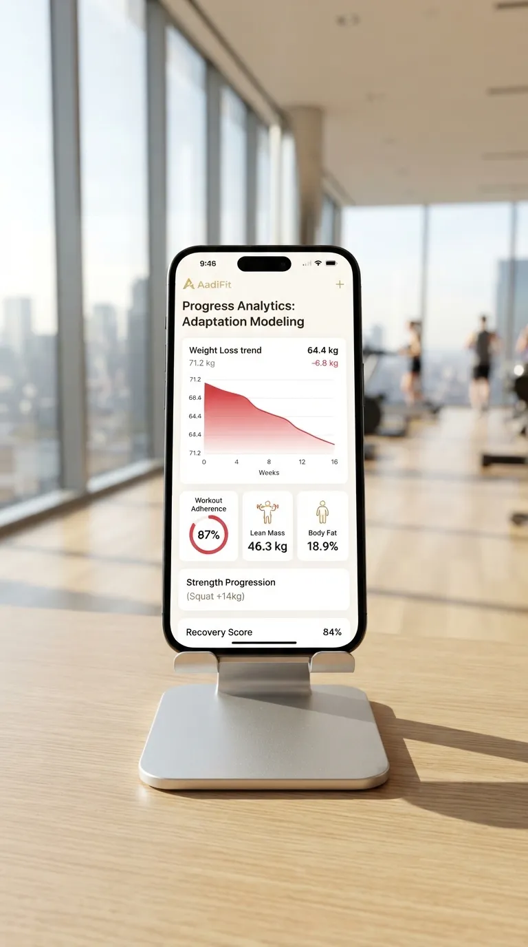 AadiFit mobile app progress screen with a weight trend chart, workout adherence and recovery score