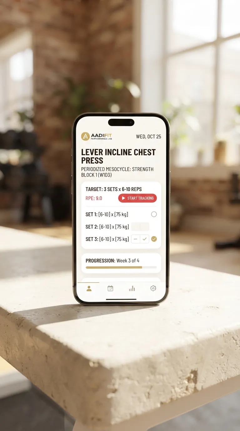 AadiFit mobile app screen showing a periodized exercise with target sets, reps and progression