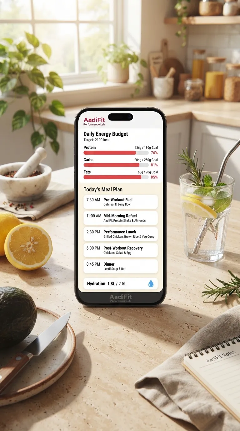 AadiFit mobile app screen with a daily energy budget and planned meal timings