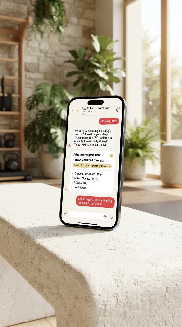 AadiFit mobile app coach chat with an adaptive program card for the day