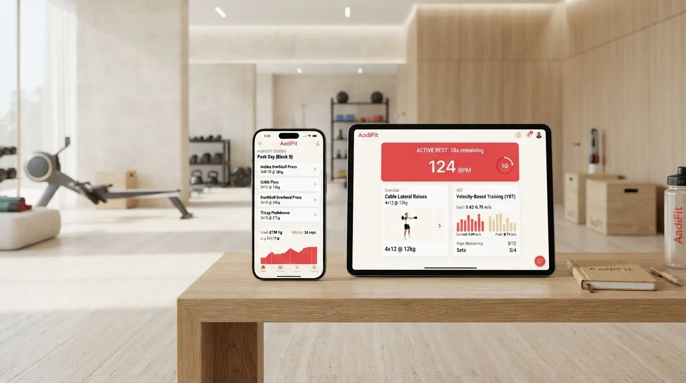 AadiFit app on phone and tablet showing a workout screen and training dashboard