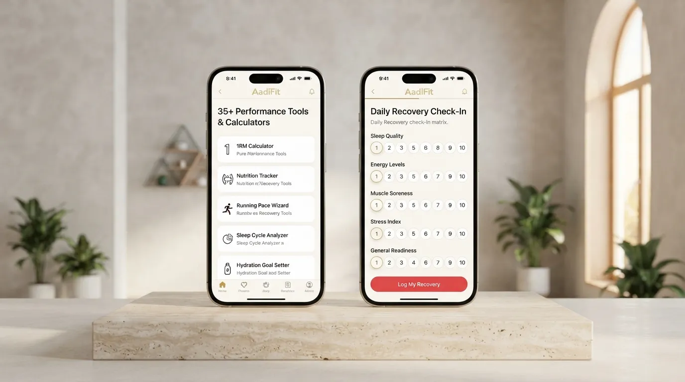 Two AadiFit phone screens showing performance tools and a daily recovery check-in