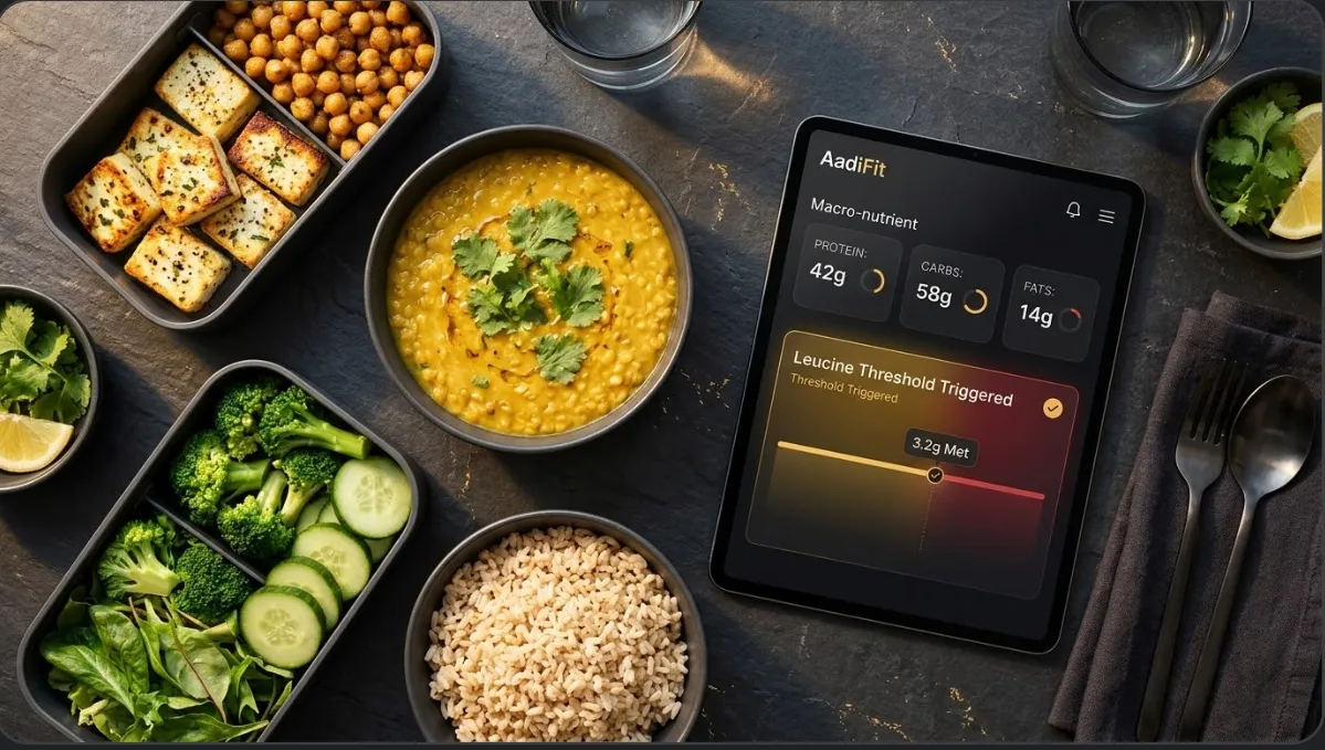 Overhead view of dal, rice, paneer and vegetables in meal boxes beside a tablet showing macro nutrients