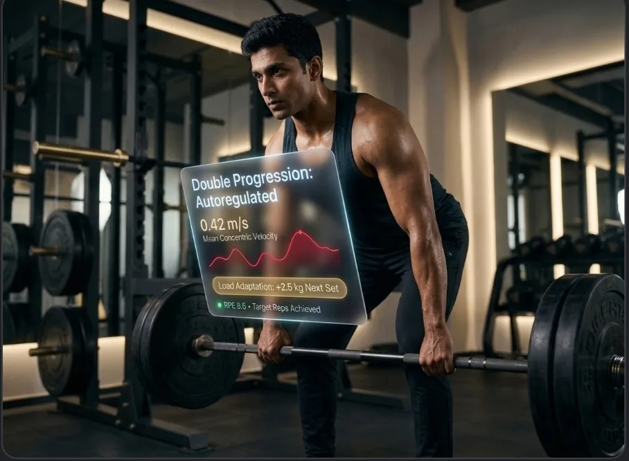 Athlete performing a deadlift in a gym with a data overlay beside the bar