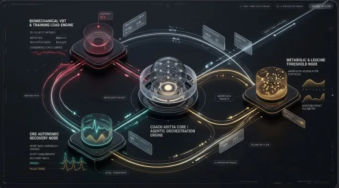 Multi-domain orchestration architecture diagram showing training, nutrition, recovery, and progress logic connected through central coordination