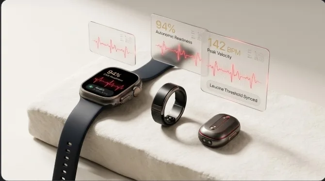 Smartwatch, smart ring and sensor on a stone plinth with data panels floating above