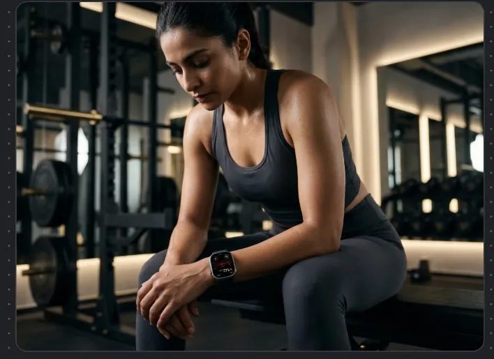 Woman athlete resting on a gym bench wearing a smartwatch