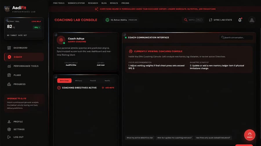 AadiFit Elite coaching console showing direct communication with Coach Aditya