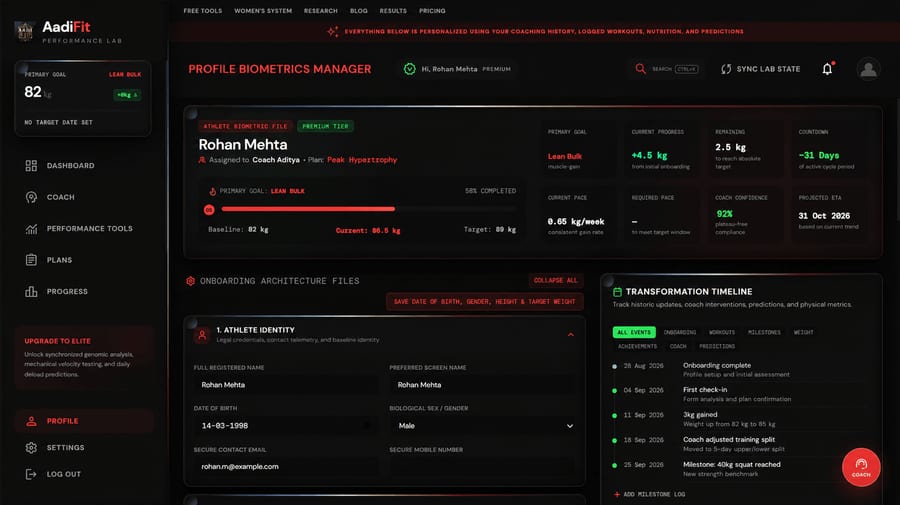 Profile summary after seven weeks showing progress, coach confidence, and a full timeline