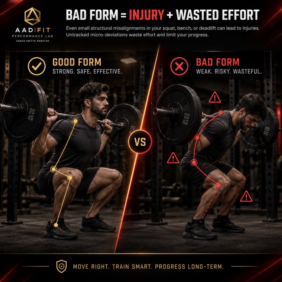 AadiFit Vision comparing good squat form against bad squat form with joint tracking overlay